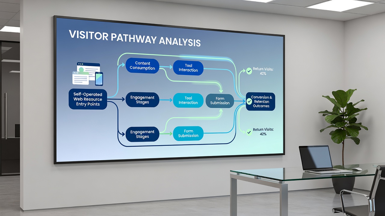 Analytics dashboard displaying pathway flows with session timelines and conversion metrics for self-managed websites